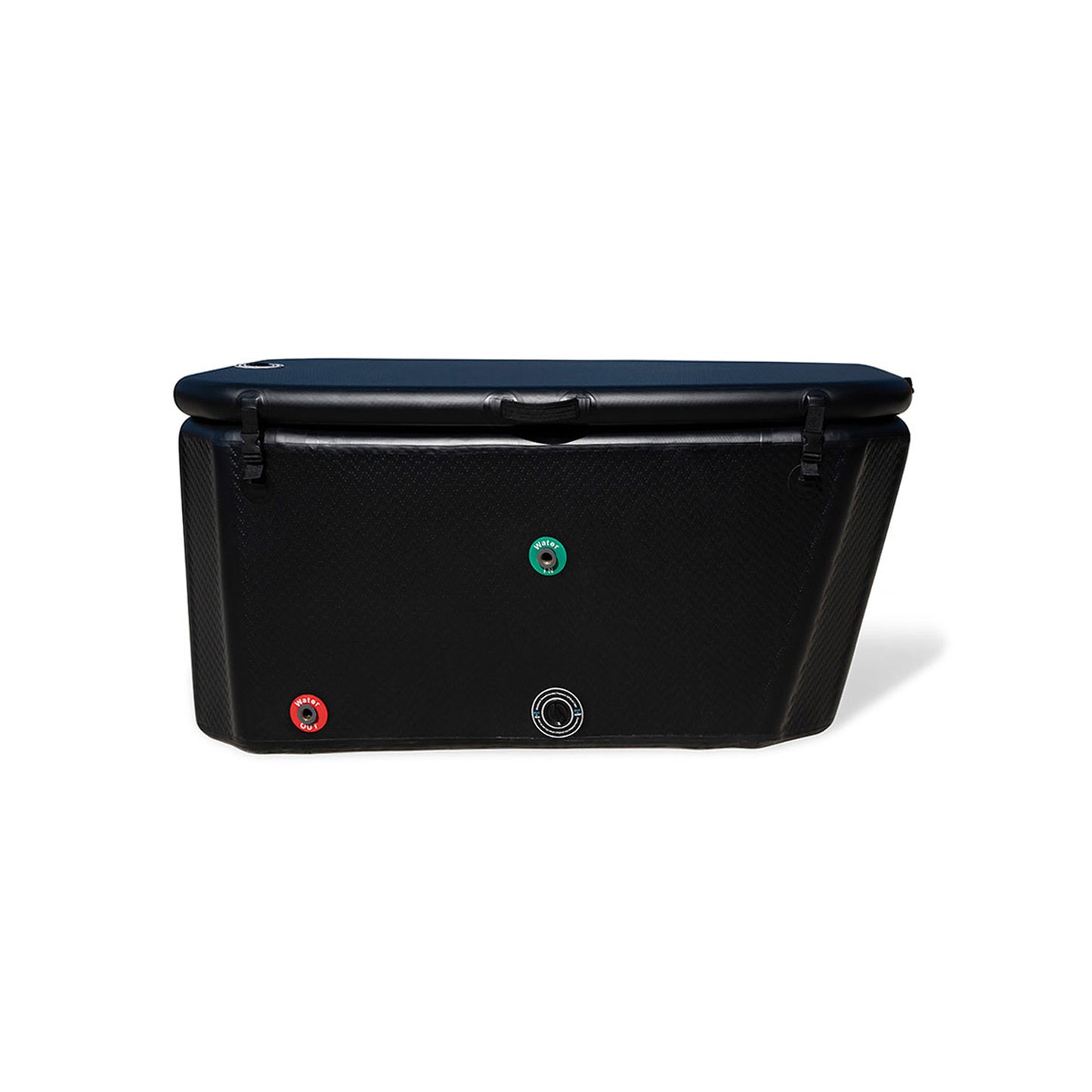 Aries inflatable cold plunge tub rear view showing drain port and drop-stitch PVC construction