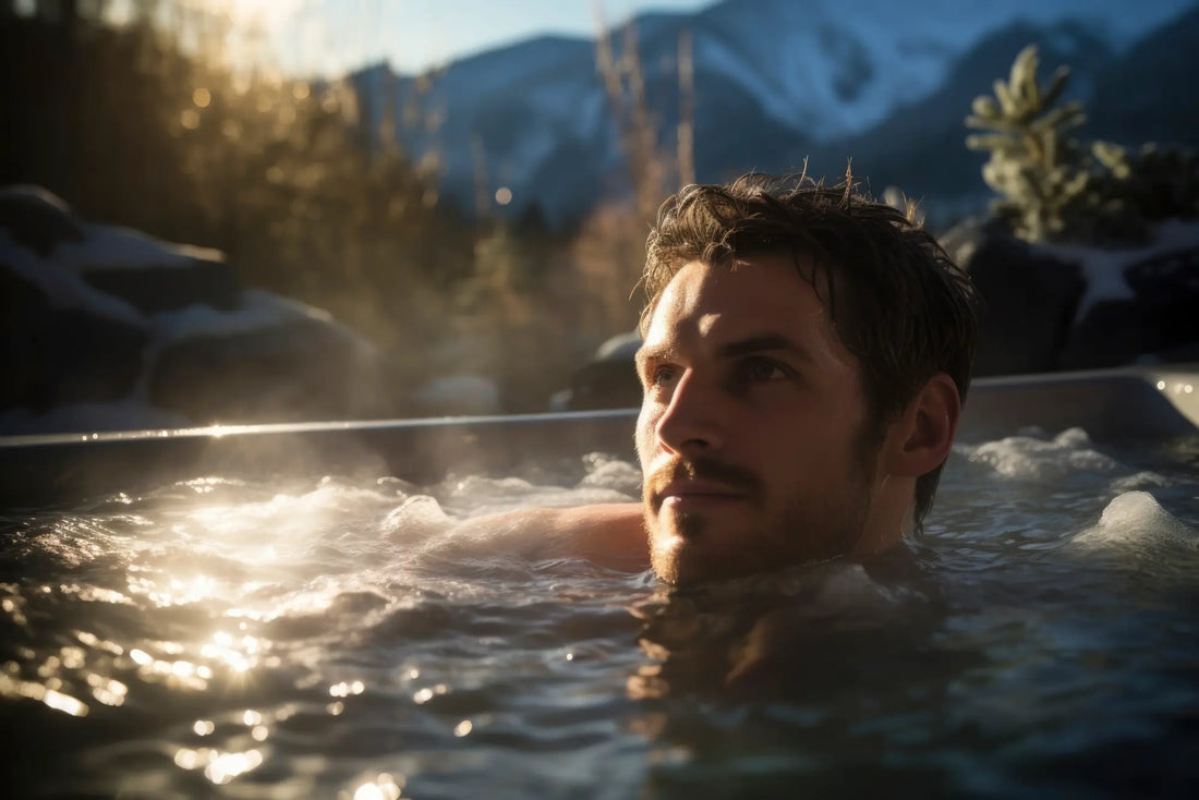 Close up of man taking cold plunge in an outdoor plunge tub