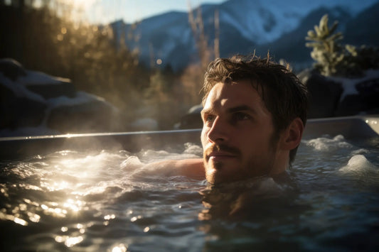 Close up of man taking cold plunge in an outdoor plunge tub