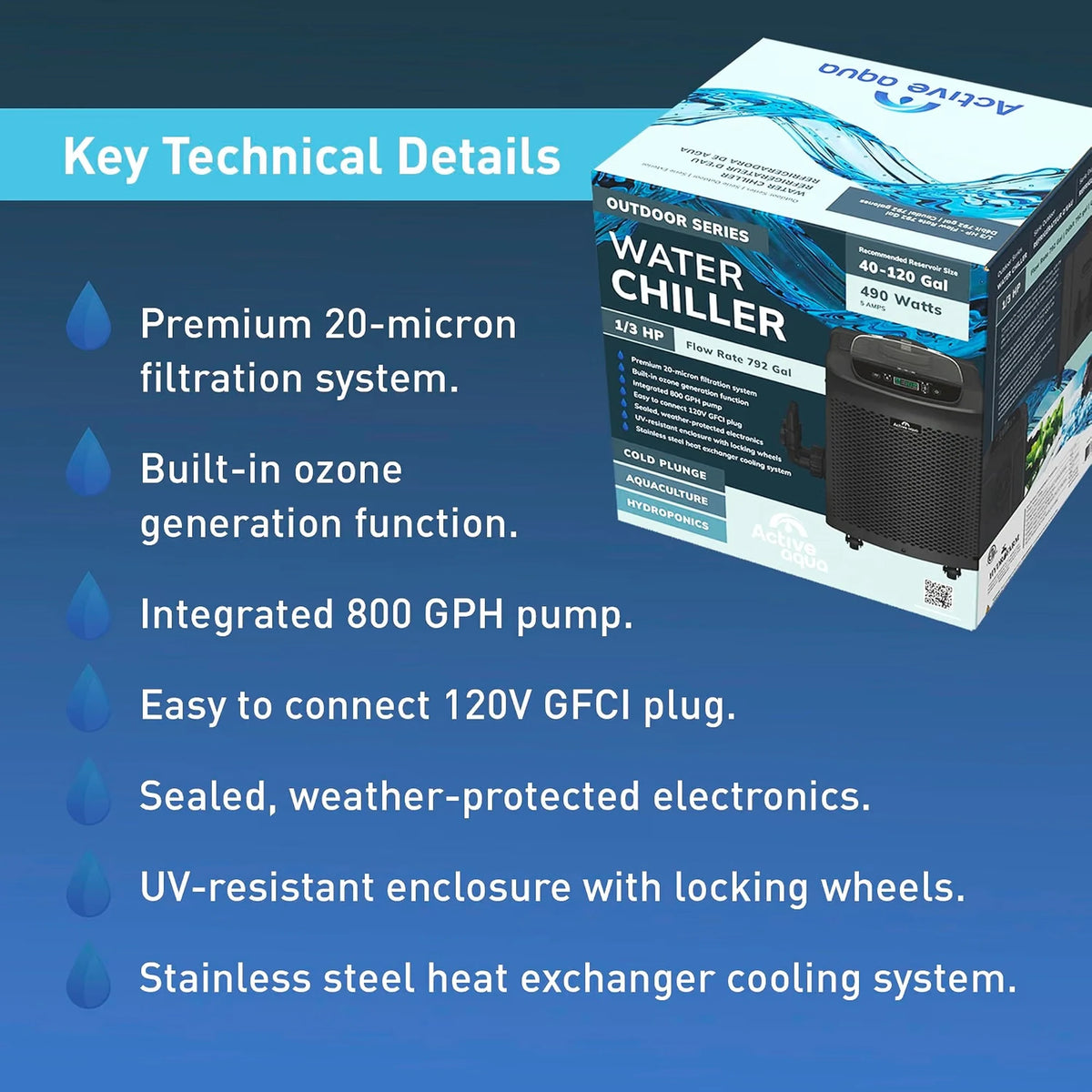 Technical details about active aqua 1/3HP cold plunge chiller
