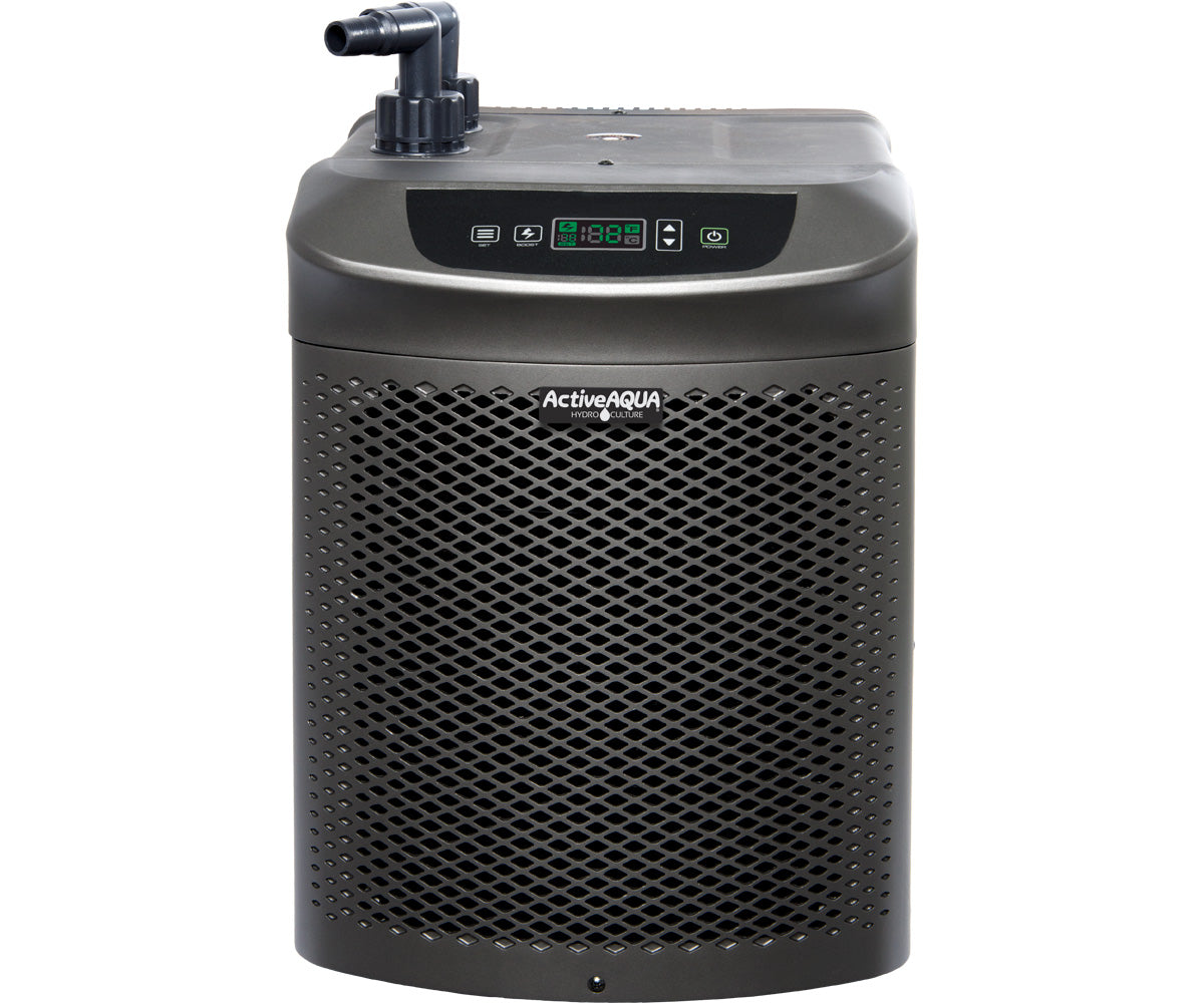 Front view of Active Aqua 1/4 HP water chiller with digital control panel for compact cold plunge setups