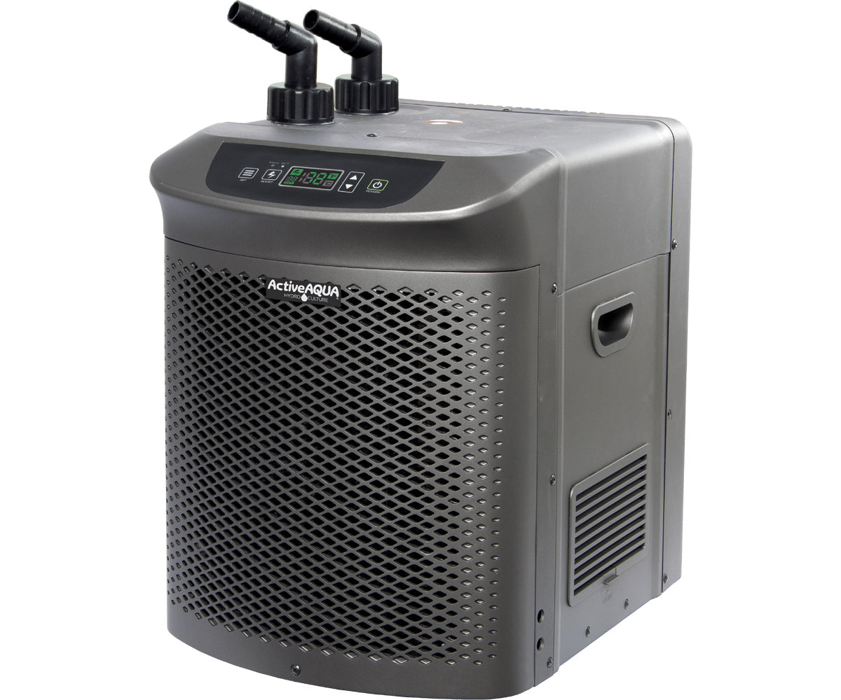 Active Aqua 1/2 HP chiller product details showing 90 to 172 gallon capacity and included fittings