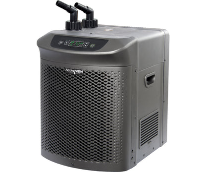 Active Aqua 1/2 HP chiller product details showing 90 to 172 gallon capacity and included fittings