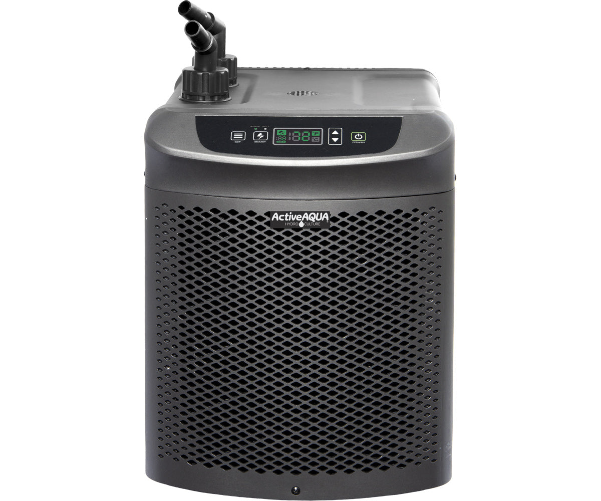 Front view of Active Aqua 1/2 HP water chiller with digital control panel and titanium evaporator fittings
