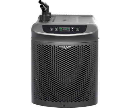 Front view of Active Aqua 1/2 HP water chiller with digital control panel and titanium evaporator fittings