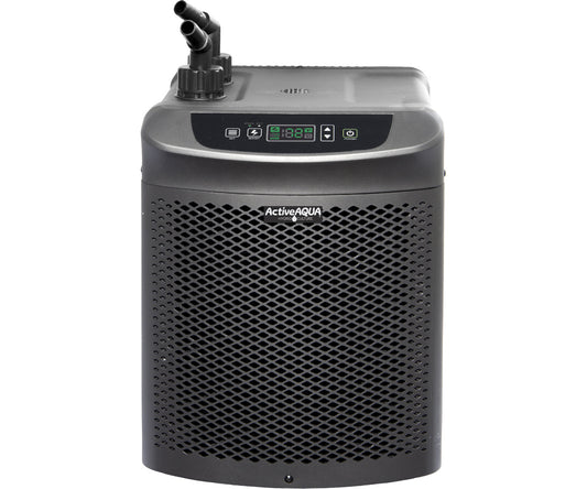 Front view of Active Aqua 1/2 HP water chiller with digital control panel and titanium evaporator fittings