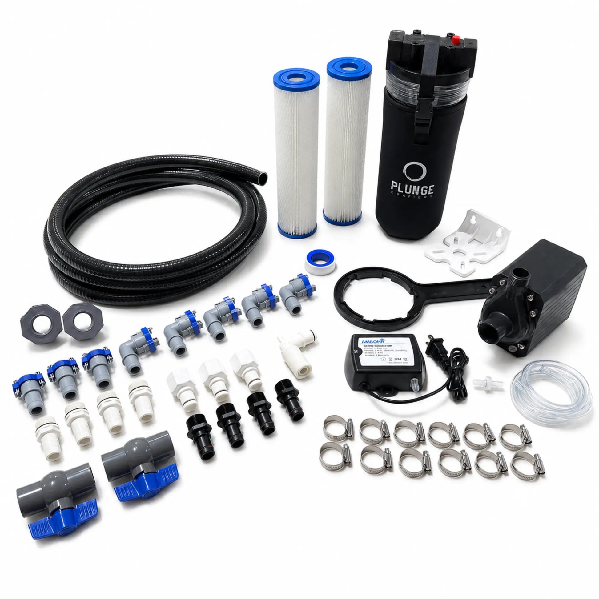 DIY cold plunge Quick Connect Kit with Danner Aqua-Mag 1200 pump, Ambohr SPA-124 ozone generator, filter housing and 3/4-inch plumbing.