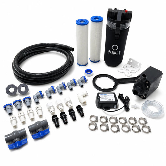 DIY cold plunge Quick Connect Kit with Danner Aqua-Mag 1200 pump, Ambohr SPA-124 ozone generator, filter housing and 3/4-inch plumbing.