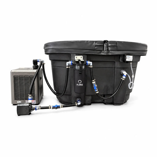 DIY cold plunge on a black Rubbermaid stock tank with the Quick Connect Kit, filter housing, Danner pump and Active Aqua chiller