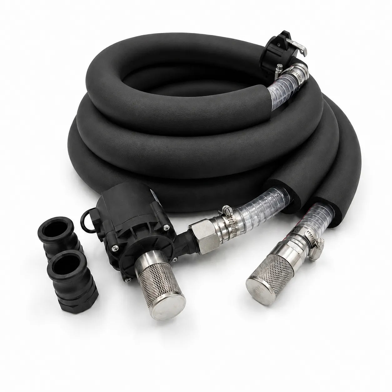 Universal cold plunge plumbing kit with submersible pump, stainless steel mesh filters, insulated no kink hoses, and camlock fittings