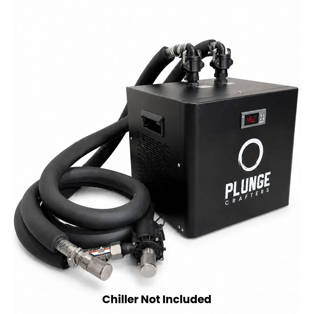 Insulated steel reinforced hoses and camlock fittings connected to a Plunge Crafters cold plunge chiller with submersible pump