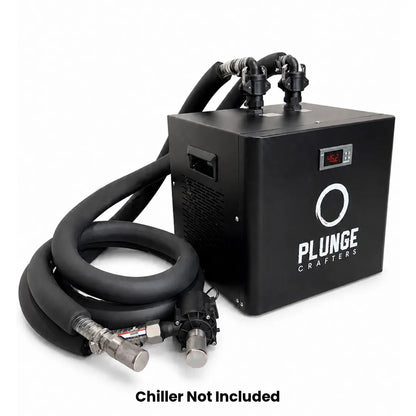 Insulated steel reinforced hoses and camlock fittings connected to a Plunge Crafters cold plunge chiller with submersible pump