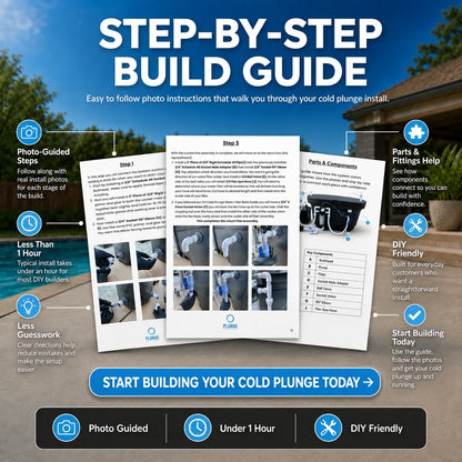 Step-by-step build guide for a DIY cold plunge installation with text and images on a blue background.